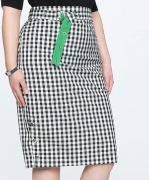 Eloquii Size 22 Black White Gingham Pencil Midi Skirt Belted Side Button Accent